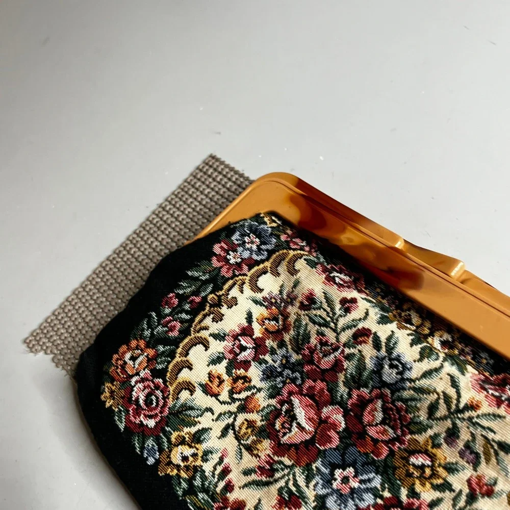 Vintage Floral Tapestry Clutch Bag Faux Tortoiseshell Lucite Frame Hong Kong
